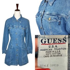 Vintage GUESS USA 90s Does 70s Denim Long Sleeve Collared Mini Shirt Dress